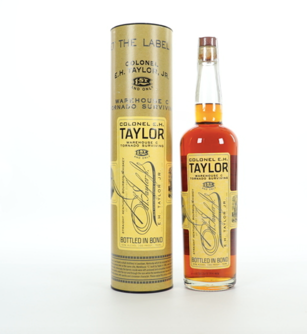 Bottle of Colonel E.H. Taylor Warehouse C Tornado Surviving Bourbon, showcasing its rich amber color and iconic design.